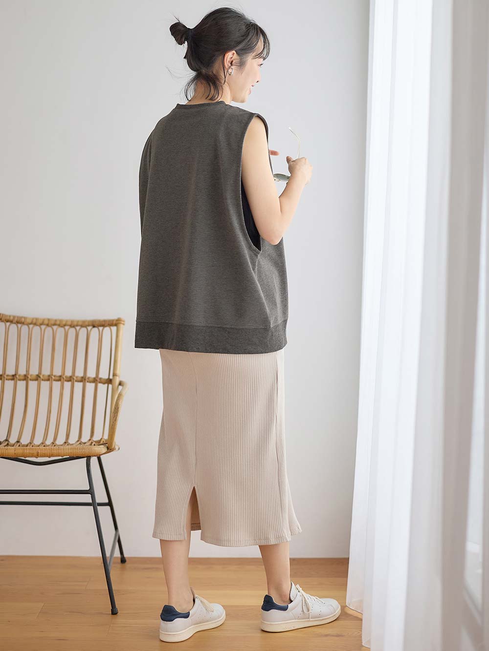 マタニティ トップス|綿混スウェット重ね着風フレンチスリーブトップス マタニティ・授乳服【出産後も長く着られる】|杢チャコール