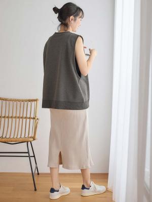 マタニティ トップス|綿混スウェット重ね着風フレンチスリーブトップス マタニティ・授乳服【出産後も長く着られる】|杢チャコール