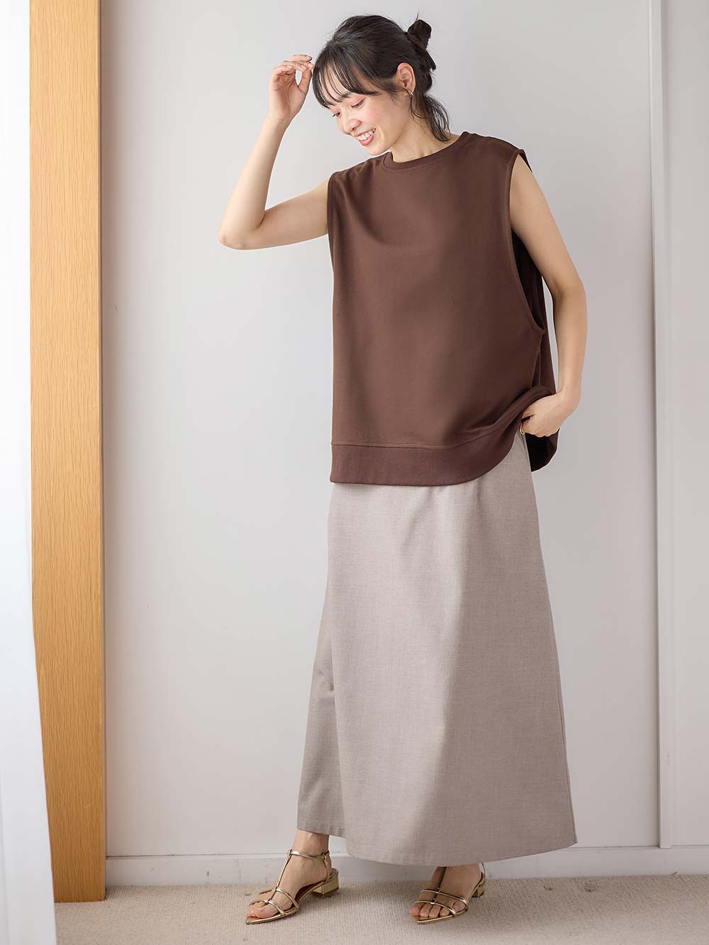 マタニティ トップス|綿混スウェット重ね着風フレンチスリーブトップス マタニティ・授乳服【出産後も長く着られる】|杢チャコール