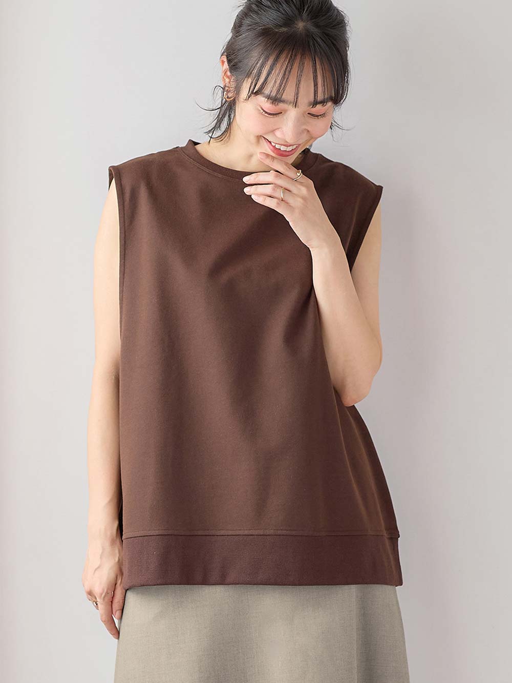 マタニティ トップス|綿混スウェット重ね着風フレンチスリーブトップス マタニティ・授乳服【出産後も長く着られる】|ブラウン