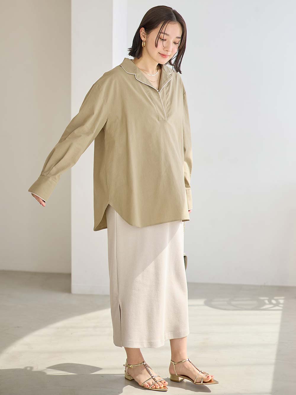 マタニティ スカート|綿混カットソーIラインマキシスカート　マタニティ・産後【出産後も長く着られる】|アイスベージュ