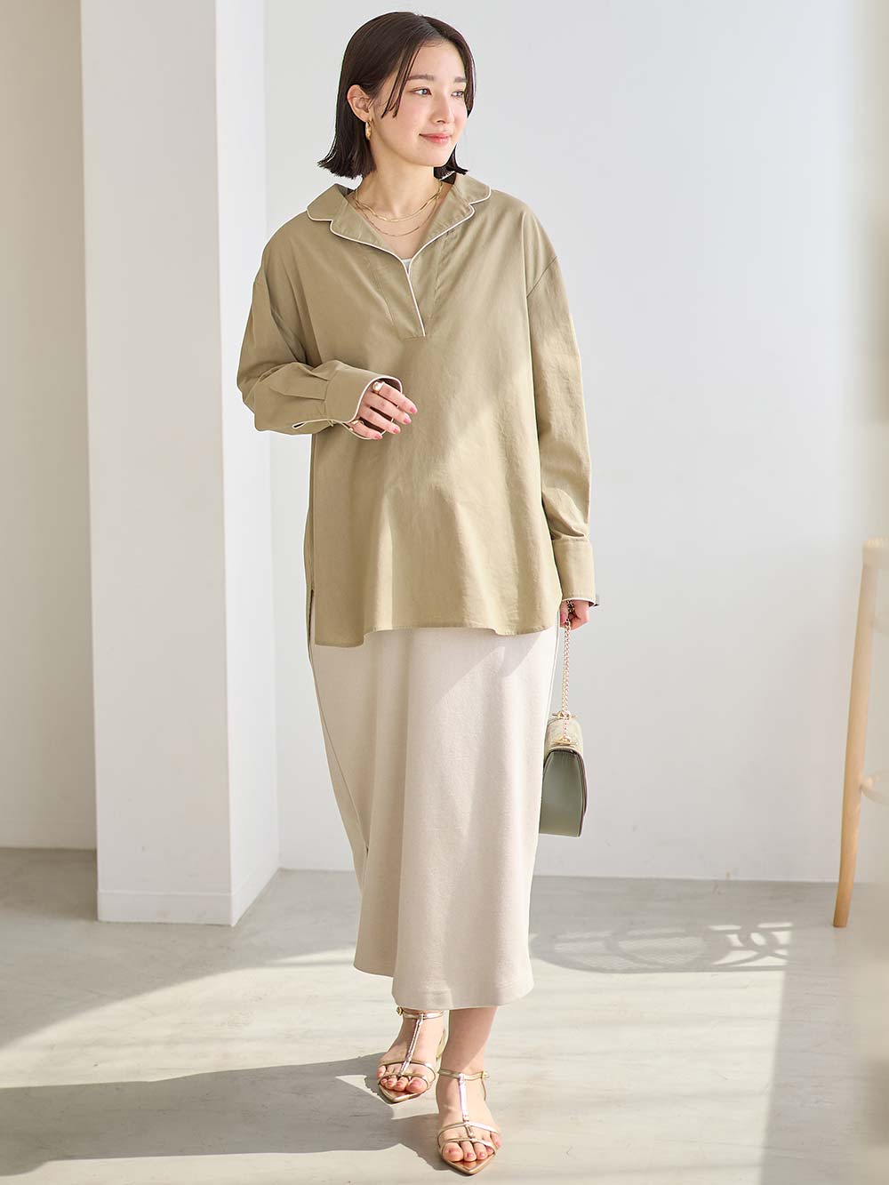 マタニティ スカート|綿混カットソーIラインマキシスカート　マタニティ・産後【出産後も長く着られる】|アイスベージュ