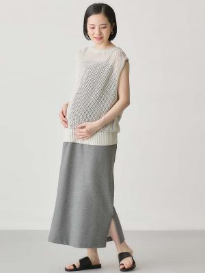 マタニティ スカート|綿混カットソーIラインマキシスカート　マタニティ・産後【出産後も長く着られる】|杢グレー