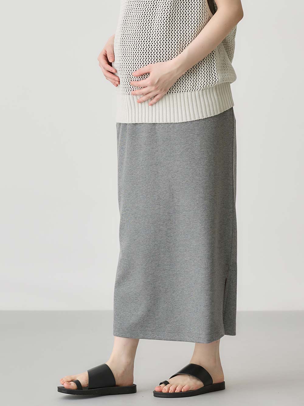 マタニティ スカート|綿混カットソーIラインマキシスカート　マタニティ・産後【出産後も長く着られる】|杢グレー