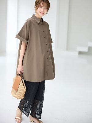 マタニティ トップス|Aラインロング丈シャツ マタニティ・授乳服【出産後も長く着られる】|ブラウン
