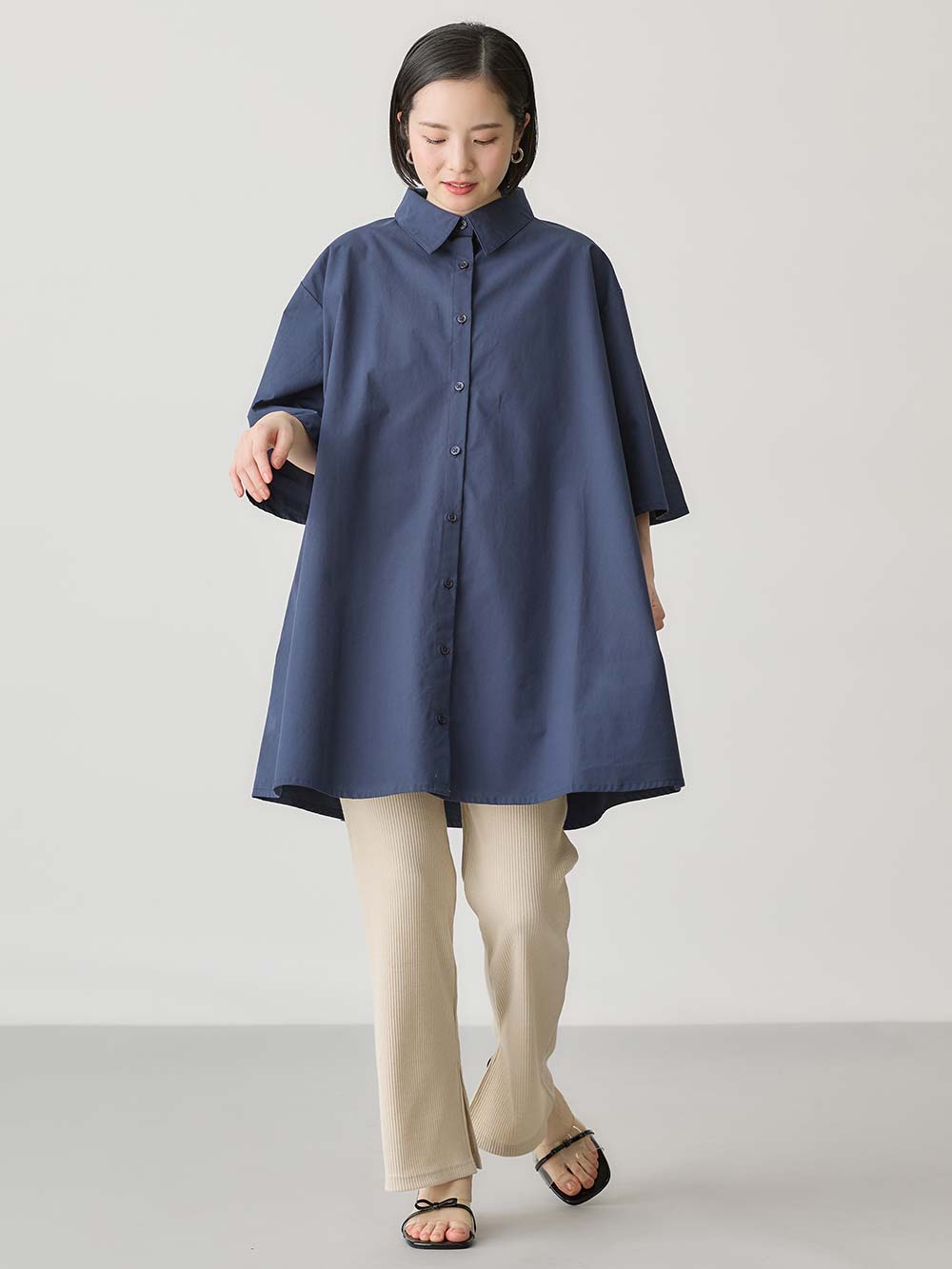 マタニティ トップス|Aラインロング丈シャツ マタニティ・授乳服【出産後も長く着られる】|ネイビー
