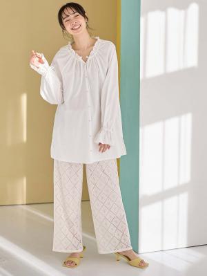 マタニティ パンツ|らくちんレースワイドパンツ　マタニティ・産後【産後も長く着られる】|アイボリー