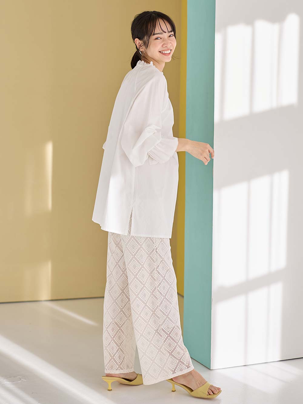 マタニティ パンツ|らくちんレースワイドパンツ　マタニティ・産後【産後も長く着られる】|アイボリー