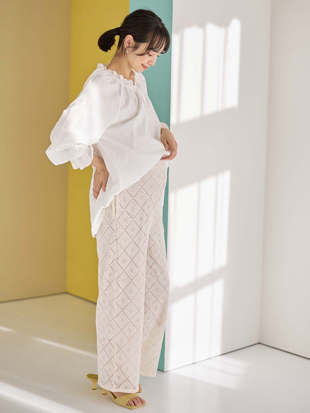 マタニティ パンツ|らくちんレースワイドパンツ　マタニティ・産後【産後も長く着られる】|アイボリー