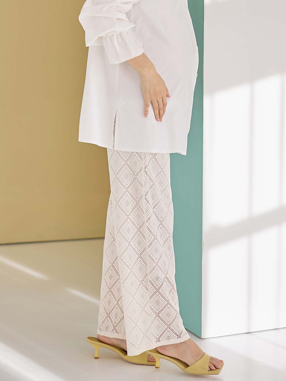 マタニティ パンツ|らくちんレースワイドパンツ　マタニティ・産後【産後も長く着られる】|アイボリー