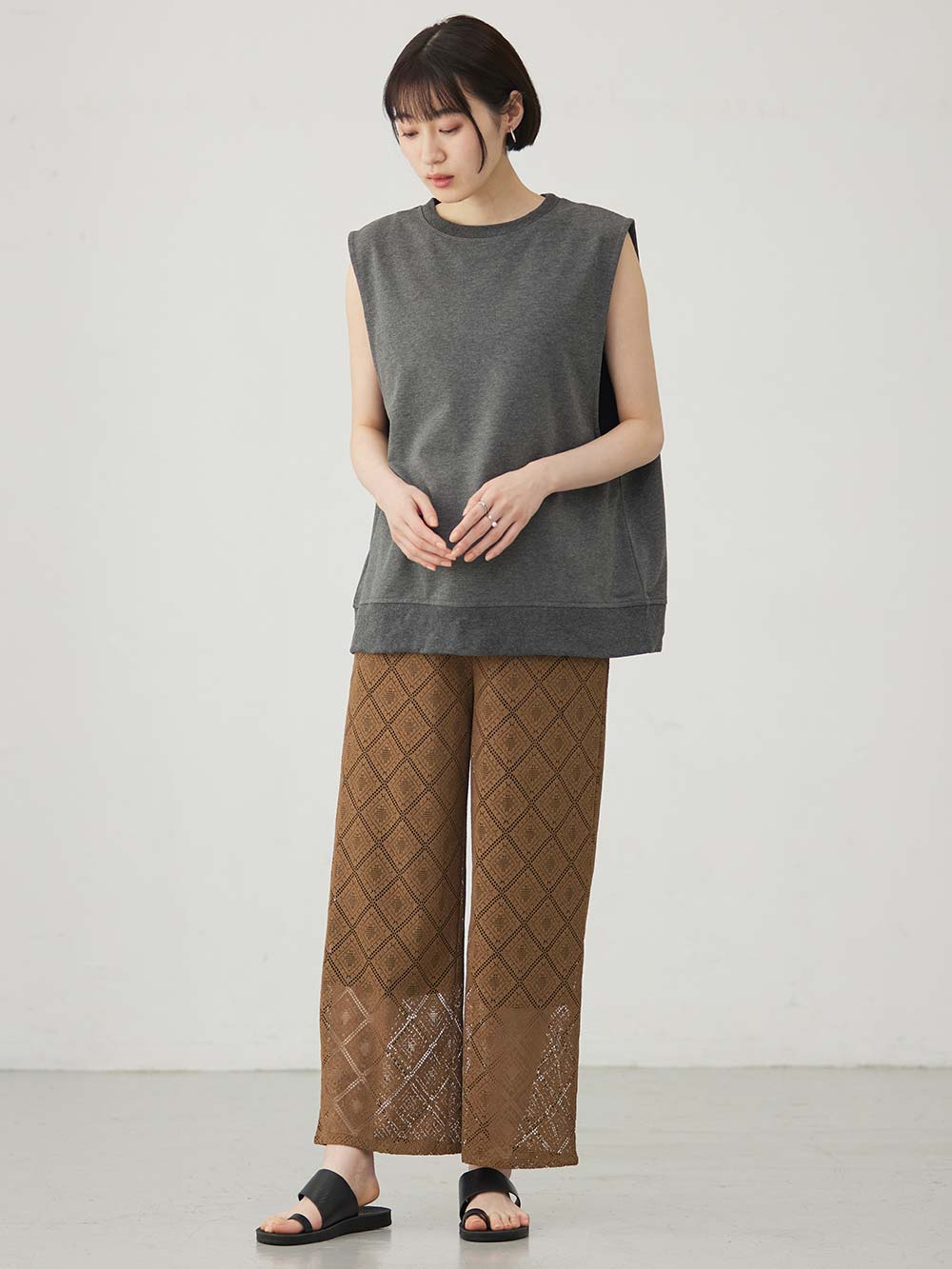 マタニティ パンツ|らくちんレースワイドパンツ　マタニティ・産後【産後も長く着られる】|ブラウン