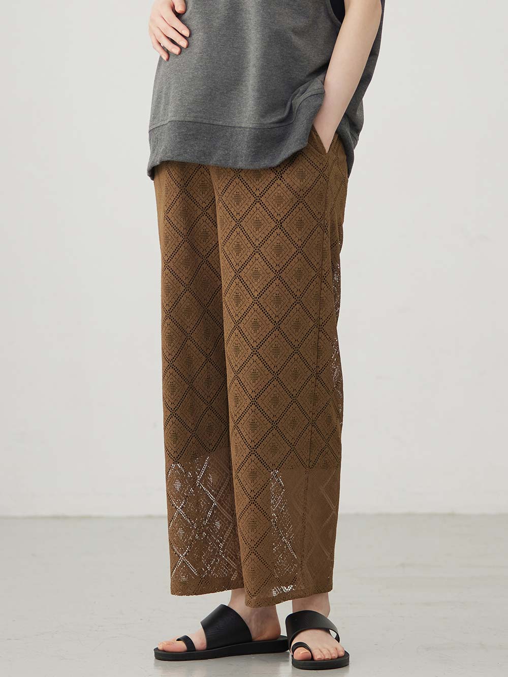 マタニティ パンツ|らくちんレースワイドパンツ　マタニティ・産後【産後も長く着られる】|ブラウン