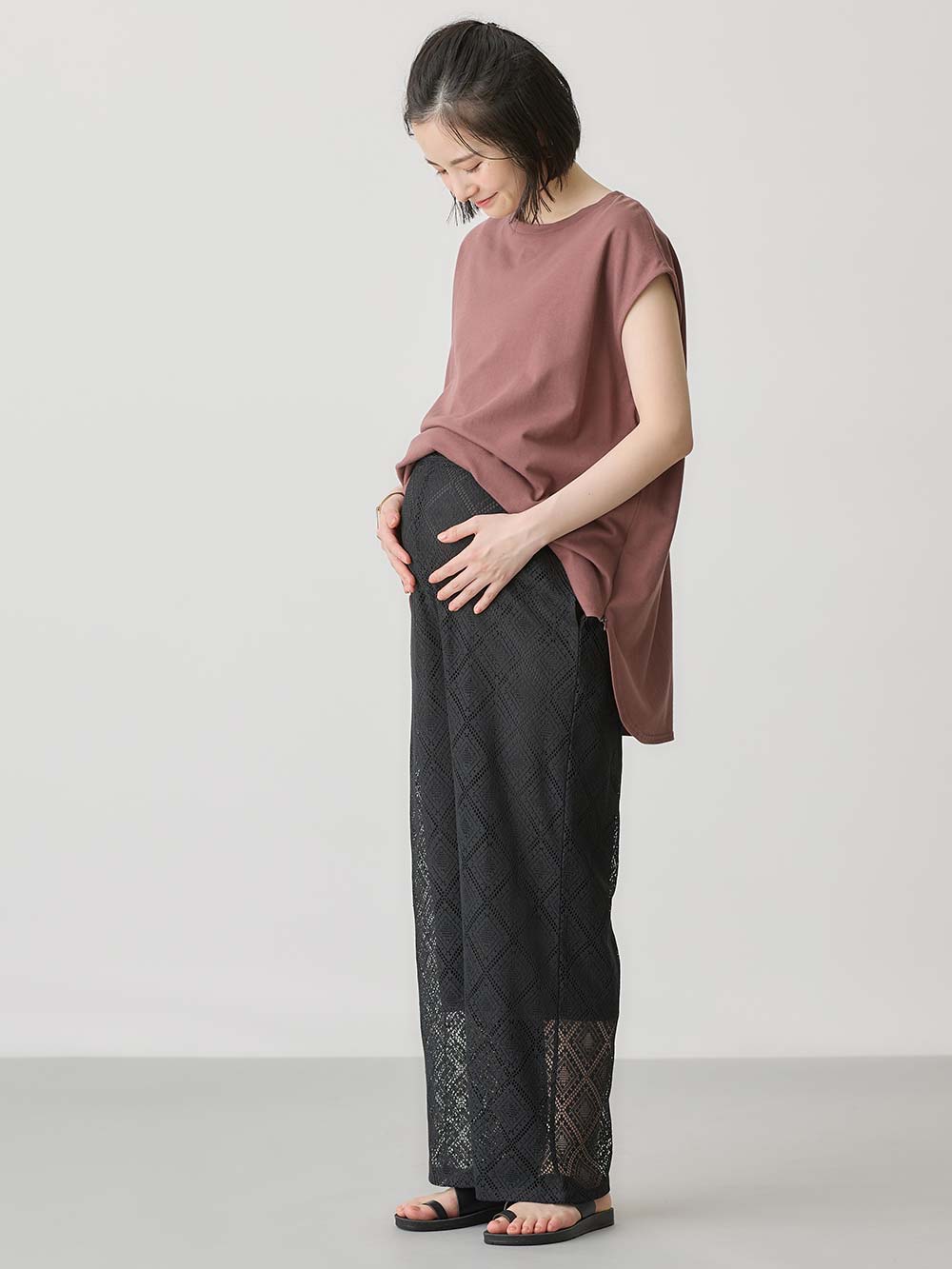 マタニティ パンツ|らくちんレースワイドパンツ　マタニティ・産後【産後も長く着られる】|ブラック