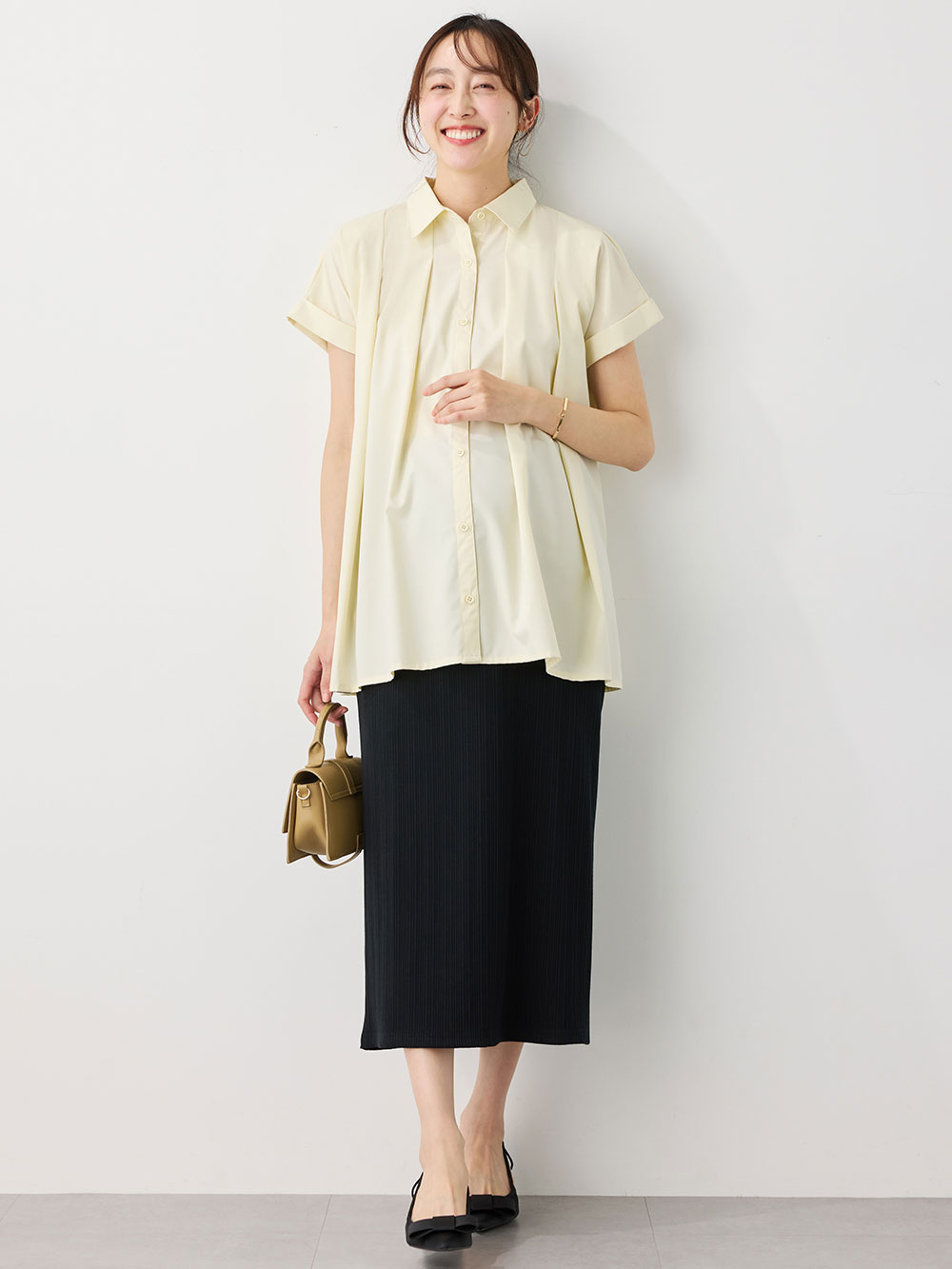 マタニティ トップス|襟付きタックブラウス マタニティ・授乳服【出産後も長く着られる】|ペールイエロー