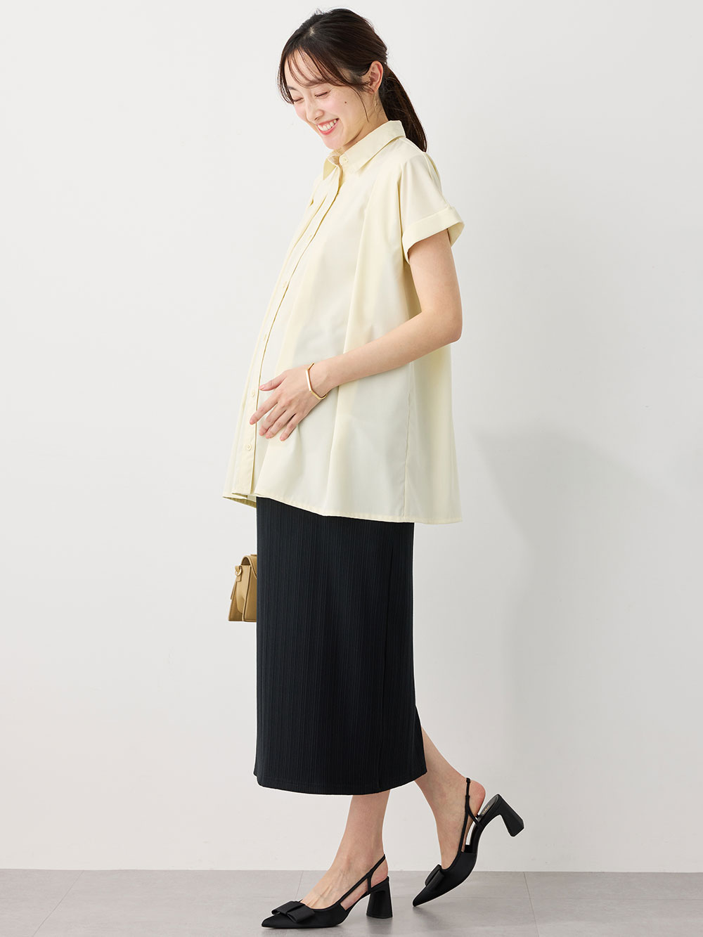 マタニティ トップス|襟付きタックブラウス マタニティ・授乳服【出産後も長く着られる】|ペールイエロー