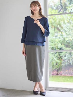 マタニティ スカート|ウエストギャザーIラインスカート(無地・ストライプ)　マタニティ・産後【産後も長く着られる】|チャコール