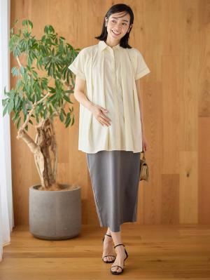 マタニティ スカート|ウエストギャザーIラインスカート(無地・ストライプ)　マタニティ・産後【産後も長く着られる】|チャコール