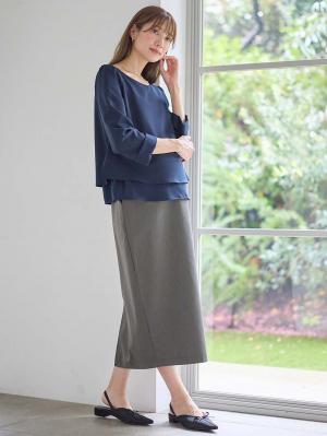 マタニティ スカート|ウエストギャザーIラインスカート(無地・ストライプ)　マタニティ・産後【産後も長く着られる】|チャコール