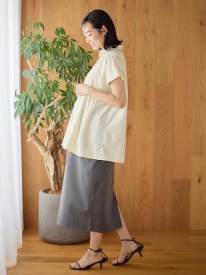 マタニティ スカート|ウエストギャザーIラインスカート(無地・ストライプ)　マタニティ・産後【産後も長く着られる】|チャコール