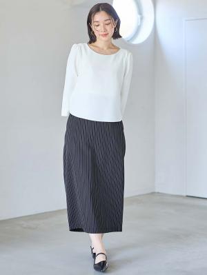 マタニティ スカート|ウエストギャザーIラインスカート(無地・ストライプ)　マタニティ・産後【産後も長く着られる】|ネイビー×オフストライプ