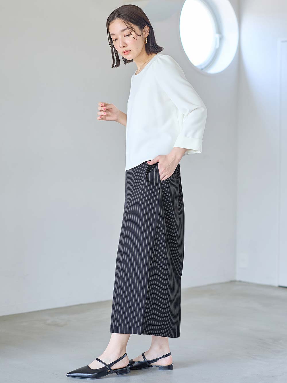マタニティ スカート|ウエストギャザーIラインスカート(無地・ストライプ)　マタニティ・産後【産後も長く着られる】|ネイビー×オフストライプ