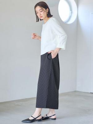 マタニティ スカート|ウエストギャザーIラインスカート(無地・ストライプ)　マタニティ・産後【産後も長く着られる】|ネイビー×オフストライプ