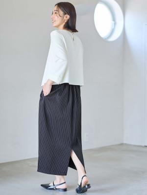 マタニティ スカート|ウエストギャザーIラインスカート(無地・ストライプ)　マタニティ・産後【産後も長く着られる】|ネイビー×オフストライプ