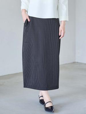 ウエストギャザーIラインスカート(無地・ストライプ)　マタニティ・産後【産後も長く着られる】10567