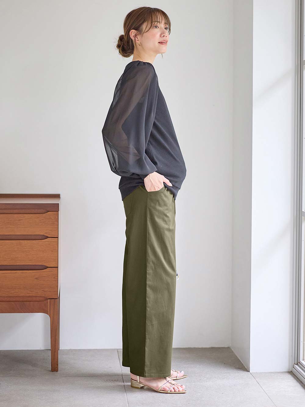 マタニティ パンツ|綿混ハイストレッチチノパンツ　マタニティ・産後【出産後も長く着られる】|カーキ