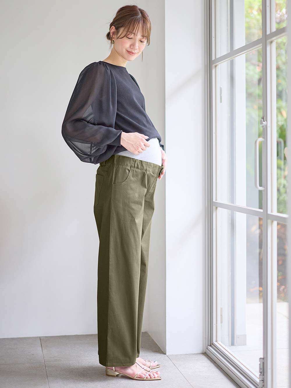 マタニティ パンツ|綿混ハイストレッチチノパンツ　マタニティ・産後【出産後も長く着られる】|カーキ