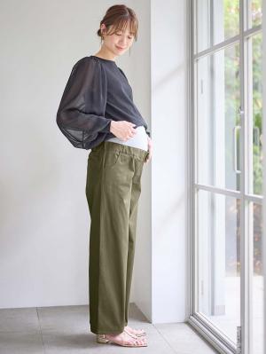 マタニティ パンツ|綿混ハイストレッチチノパンツ　マタニティ・産後【出産後も長く着られる】|カーキ