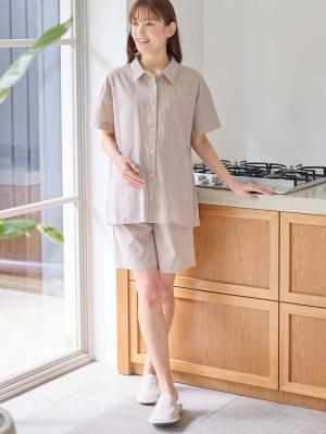 マタニティ パジャマ・ルームウェア|綿混半袖シャツ＆ショートパンツパジャマ(無地・ストライプ)　　マタニティ・授乳パジャマ【産後も長く着られる】|ベージュストライプ