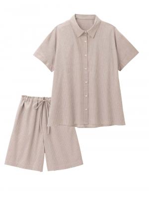 マタニティ パジャマ・ルームウェア|綿混半袖シャツ＆ショートパンツパジャマ(無地・ストライプ)　　マタニティ・授乳パジャマ【産後も長く着られる】|ベージュストライプ