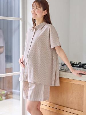 マタニティ パジャマ・ルームウェア|綿混半袖シャツ＆ショートパンツパジャマ(無地・ストライプ)　　マタニティ・授乳パジャマ【産後も長く着られる】|ベージュストライプ