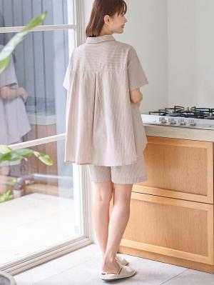 マタニティ パジャマ・ルームウェア|綿混半袖シャツ＆ショートパンツパジャマ(無地・ストライプ)　　マタニティ・授乳パジャマ【産後も長く着られる】|ベージュストライプ