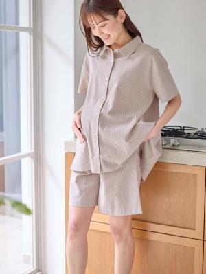 綿混半袖シャツ＆ショートパンツパジャマ(無地・ストライプ)　　マタニティ・授乳パジャマ【産後も長く着られる】10571