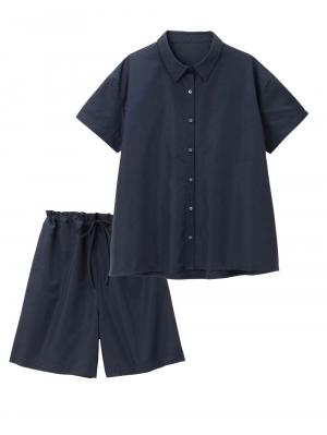 マタニティ パジャマ・ルームウェア|綿混半袖シャツ＆ショートパンツパジャマ(無地・ストライプ)　　マタニティ・授乳パジャマ【産後も長く着られる】|ネイビー