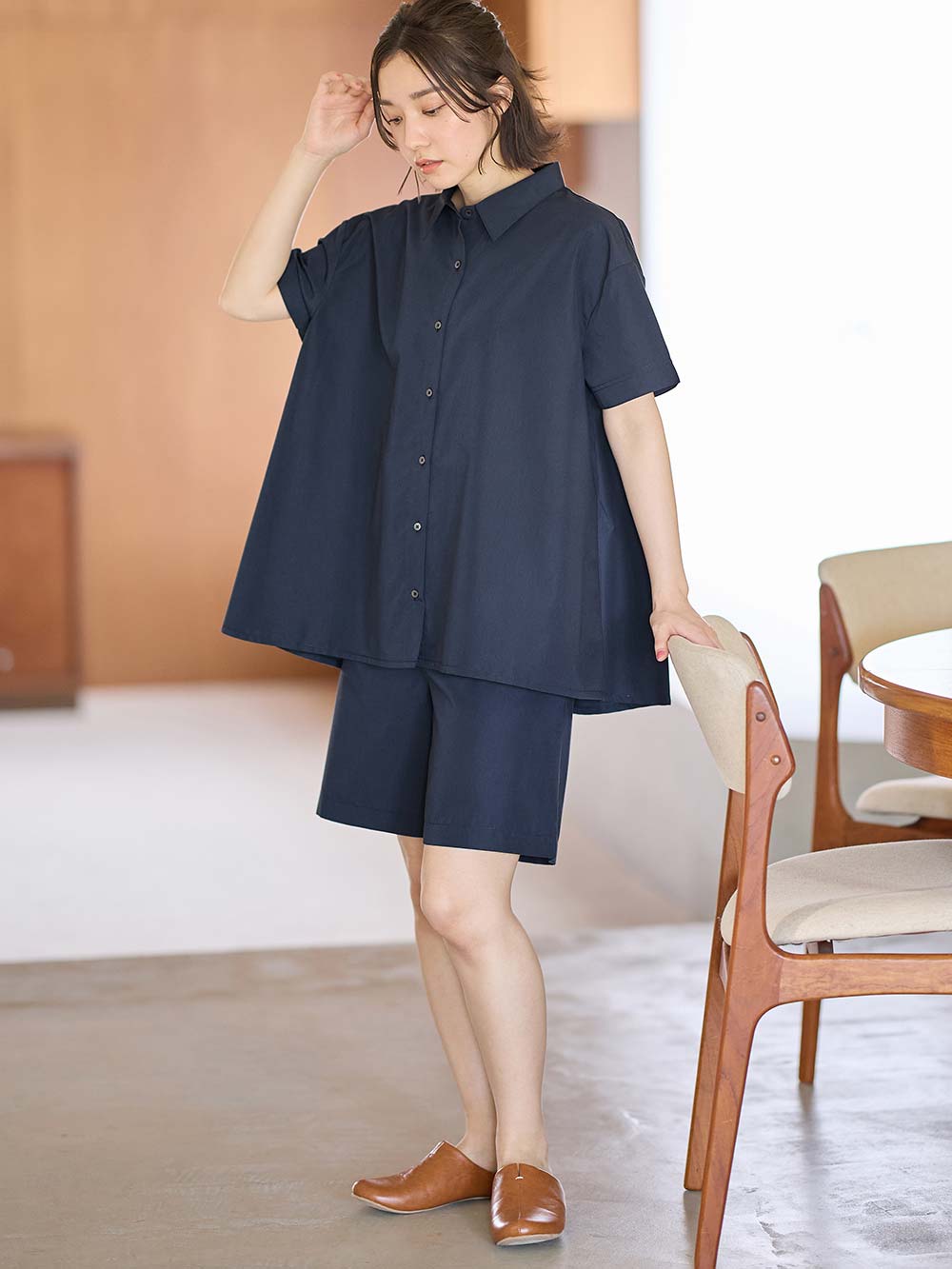 マタニティ パジャマ・ルームウェア|綿混半袖シャツ＆ショートパンツパジャマ(無地・ストライプ)　　マタニティ・授乳パジャマ【産後も長く着られる】|ネイビー