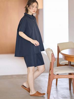 マタニティ パジャマ・ルームウェア|綿混半袖シャツ＆ショートパンツパジャマ(無地・ストライプ)　　マタニティ・授乳パジャマ【産後も長く着られる】|ネイビー
