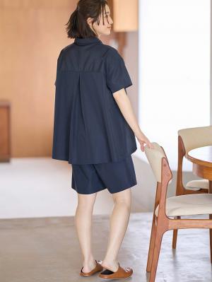マタニティ パジャマ・ルームウェア|綿混半袖シャツ＆ショートパンツパジャマ(無地・ストライプ)　　マタニティ・授乳パジャマ【産後も長く着られる】|ネイビー