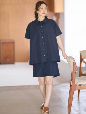 綿混半袖シャツ＆ショートパンツパジャマ(無地・ストライプ)　　マタニティ・授乳パジャマ【産後も長く着られる】10571