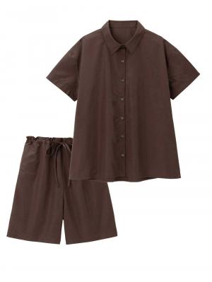 マタニティ パジャマ・ルームウェア|綿混半袖シャツ＆ショートパンツパジャマ(無地・ストライプ)　　マタニティ・授乳パジャマ【産後も長く着られる】|ブラウン