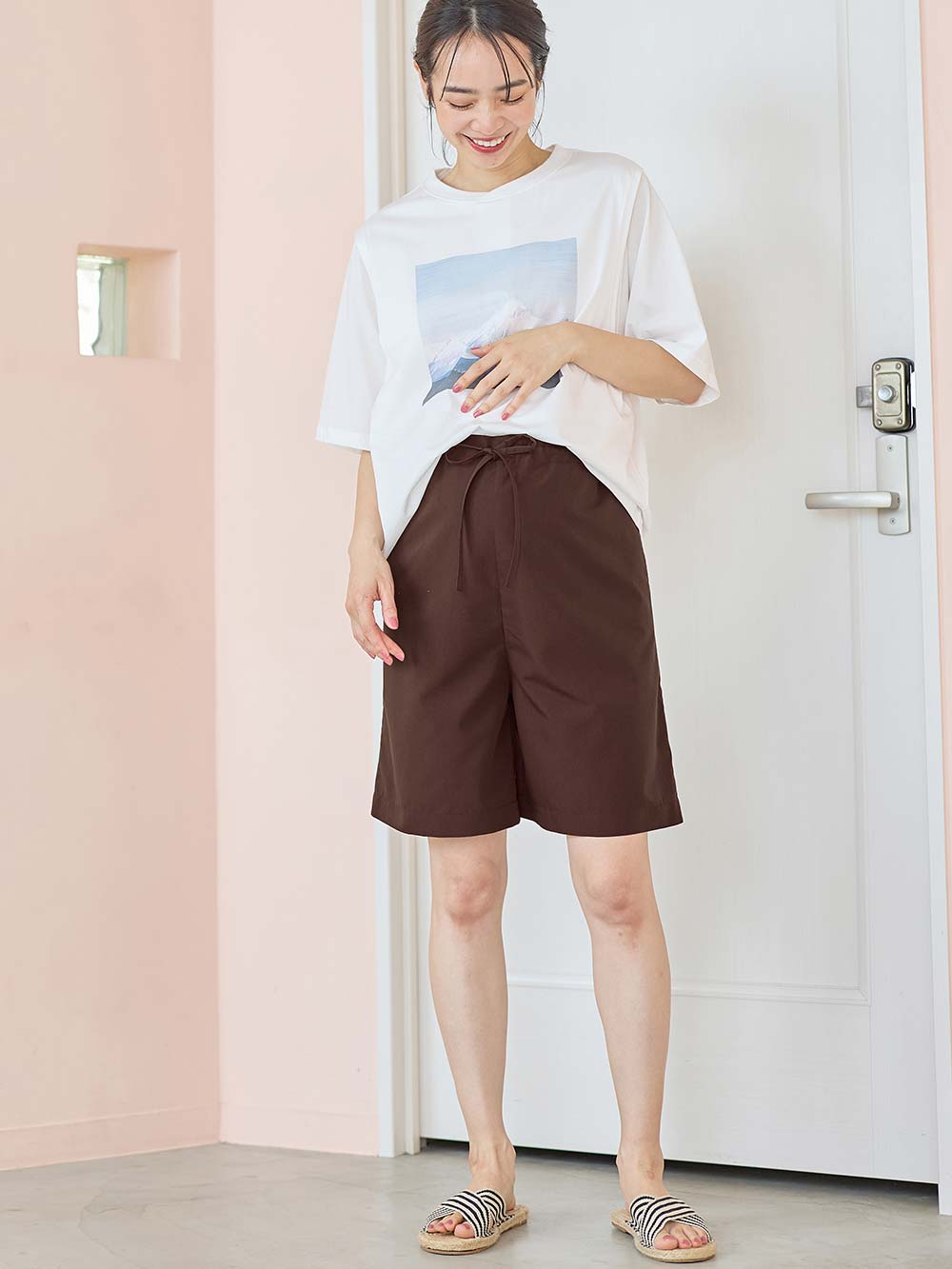 マタニティ パジャマ・ルームウェア|綿混半袖シャツ＆ショートパンツパジャマ(無地・ストライプ)　　マタニティ・授乳パジャマ【産後も長く着られる】|ブラウン