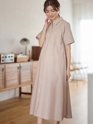 マタニティ パジャマ・ルームウェア|【オールインワンにもなる】綿100%シャンブレー半袖ワンピースネグリジェ マタニティ・授乳パジャマ【出産後も長く着られる】|ベージュ