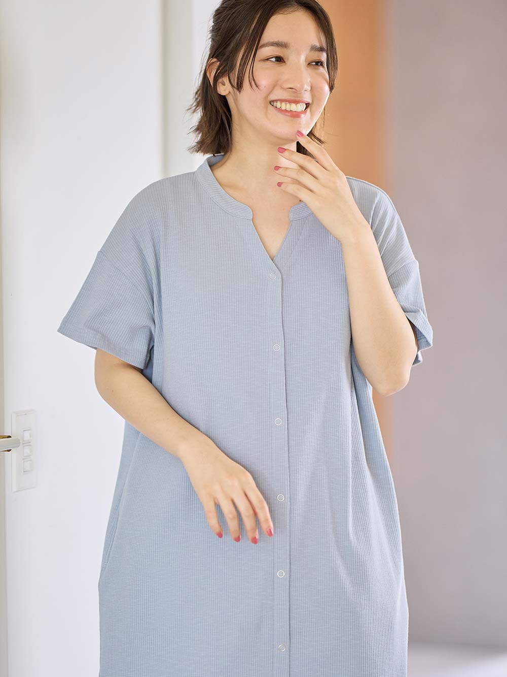 マタニティ パジャマ・ルームウェア|【助産院監修】【半袖・長袖】【ミドル丈】ハイストレッチリブ前開きパジャマ　マタニティ・授乳パジャマ【出産後も長く使える】|グレイッシュブルー(半袖)