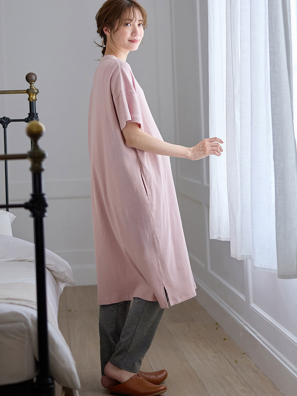 マタニティ パジャマ・ルームウェア|【助産院監修】【半袖・長袖】【ミドル丈】ハイストレッチリブ前開きパジャマ　マタニティ・授乳パジャマ【出産後も長く使える】|モーヴピンク(半袖)