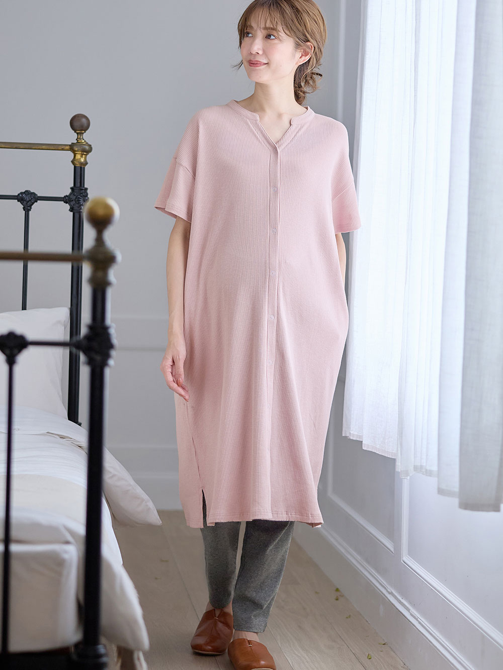 マタニティ パジャマ・ルームウェア|【助産院監修】【半袖・長袖】【ミドル丈】ハイストレッチリブ前開きパジャマ　マタニティ・授乳パジャマ【出産後も長く使える】|モーヴピンク(半袖)