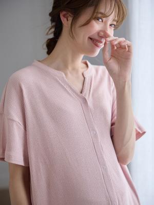 マタニティ パジャマ・ルームウェア|【助産院監修】【半袖・長袖】【ミドル丈】ハイストレッチリブ前開きパジャマ　マタニティ・授乳パジャマ【出産後も長く使える】|モーヴピンク(半袖)