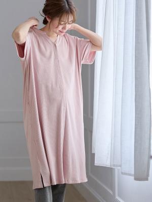 【助産院監修】【半袖・長袖】【ミドル丈】ハイストレッチリブ前開きパジャマ　マタニティ・授乳パジャマ【出産後も長く使える】10573