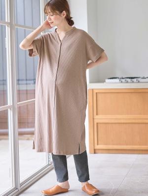 マタニティ パジャマ・ルームウェア|【助産院監修】【半袖・長袖】【ミドル丈】ハイストレッチリブ前開きパジャマ　マタニティ・授乳パジャマ【出産後も長く使える】|モカ(半袖)